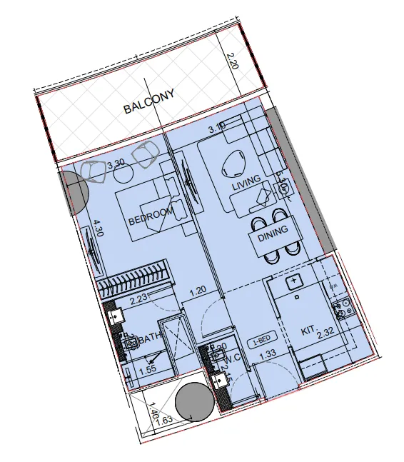 Binghatti Aquarise 1 bed floor plan, 813 sqft