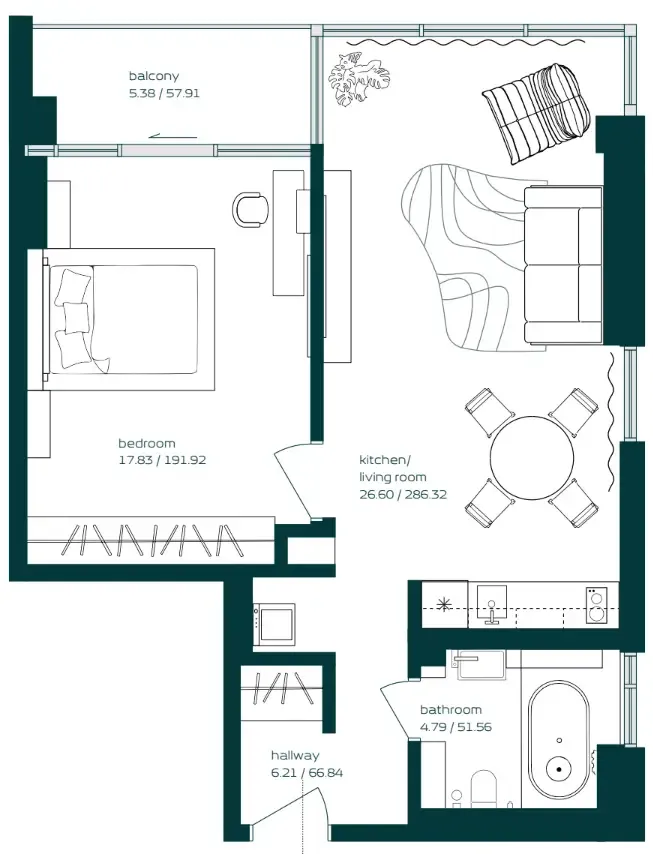 Vibe 1 bed floor plan, 731 sqft