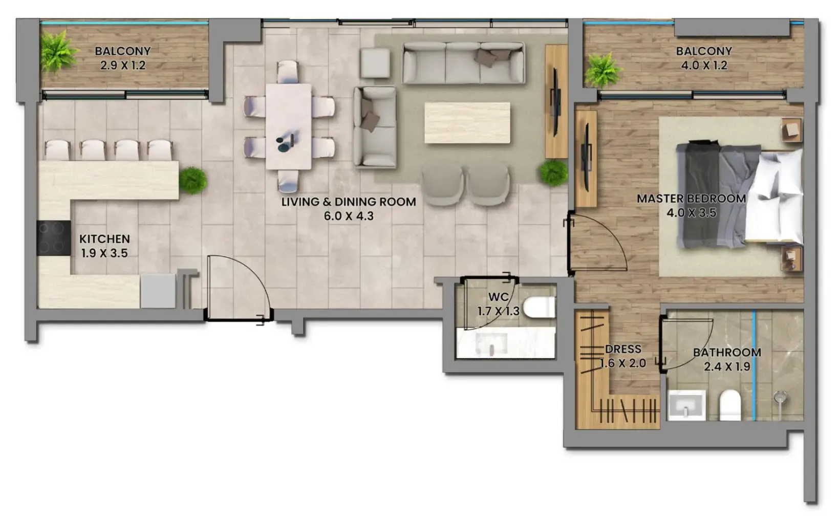 Elemental 78 1 bed floor plan, 856 sqft