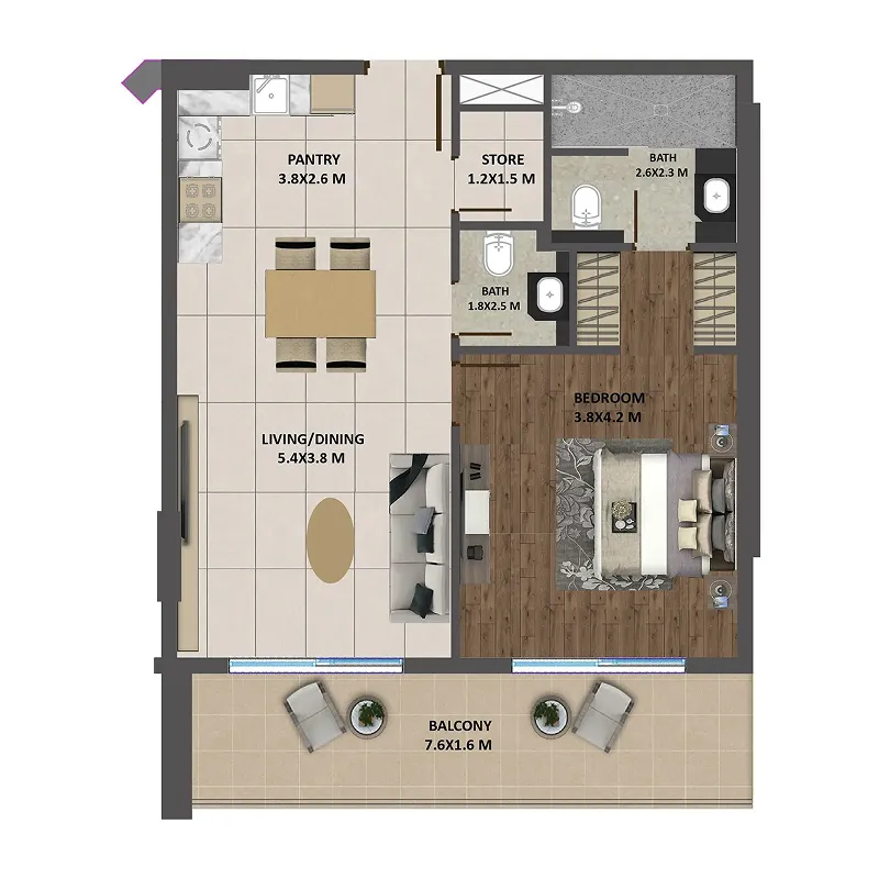 Marquis Galleria 1 bed floor plan, 828 sqft