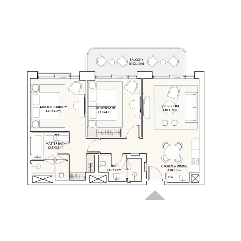 Bristol Hotel & Residences at Ramhan Island 2 bed floor plan, 1,134 sqft