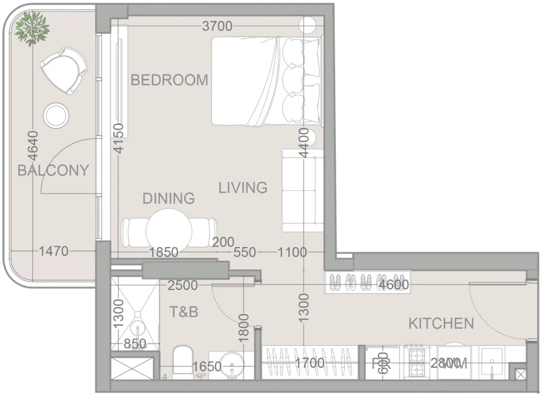 TETR1S Tower Studio floor plan, 461 sqft