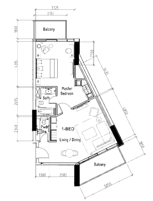 Damac Hills - Radisson Dubai 1 bed floor plan, 901 sqft
