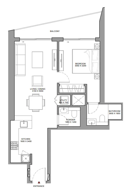 The Eden at Sobha Central 1 bed floor plan, 744 sqft