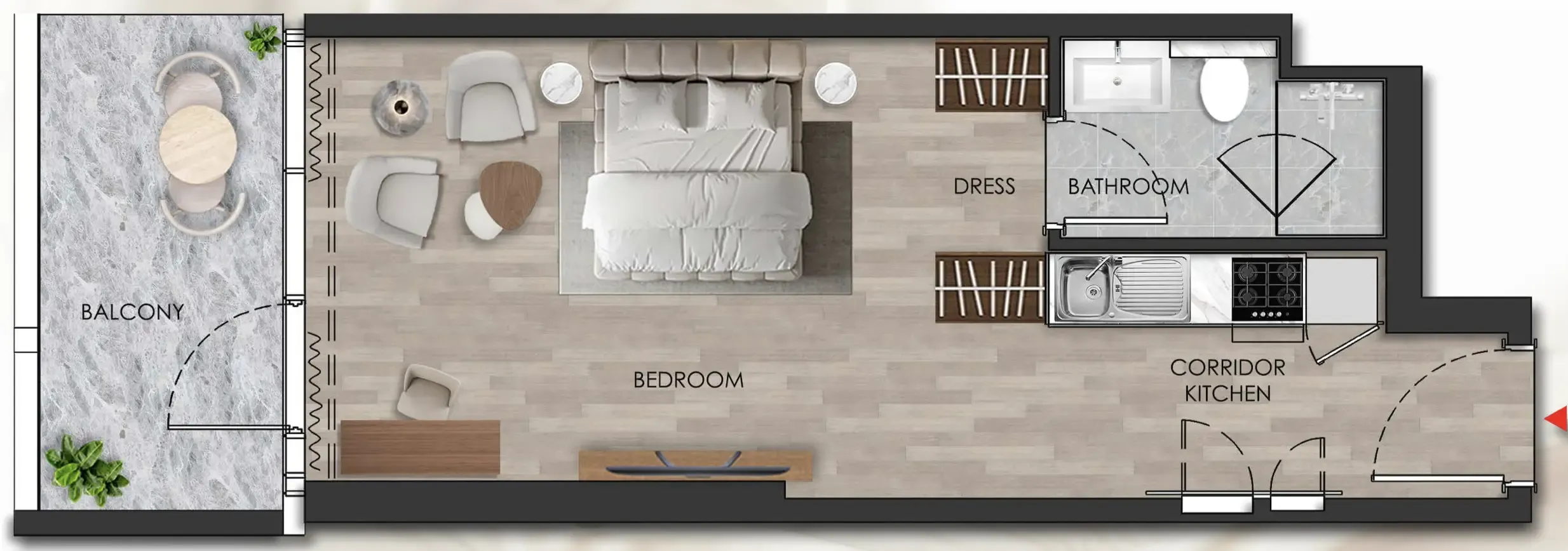 Island Heights Studio floor plan, 509 – 511 sqft