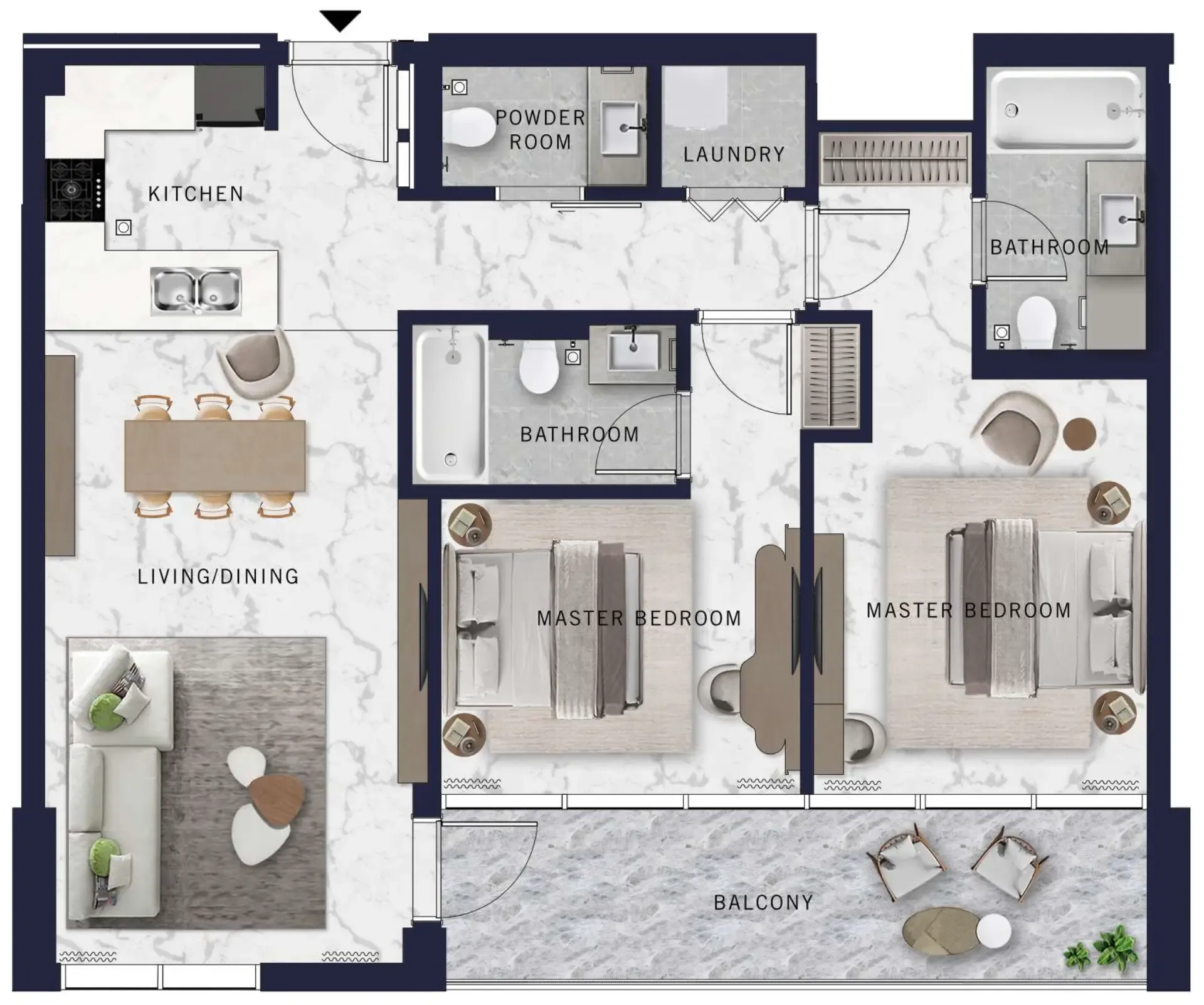 DoubleTree by Hilton 2 bed floor plan, 1,106 sqft