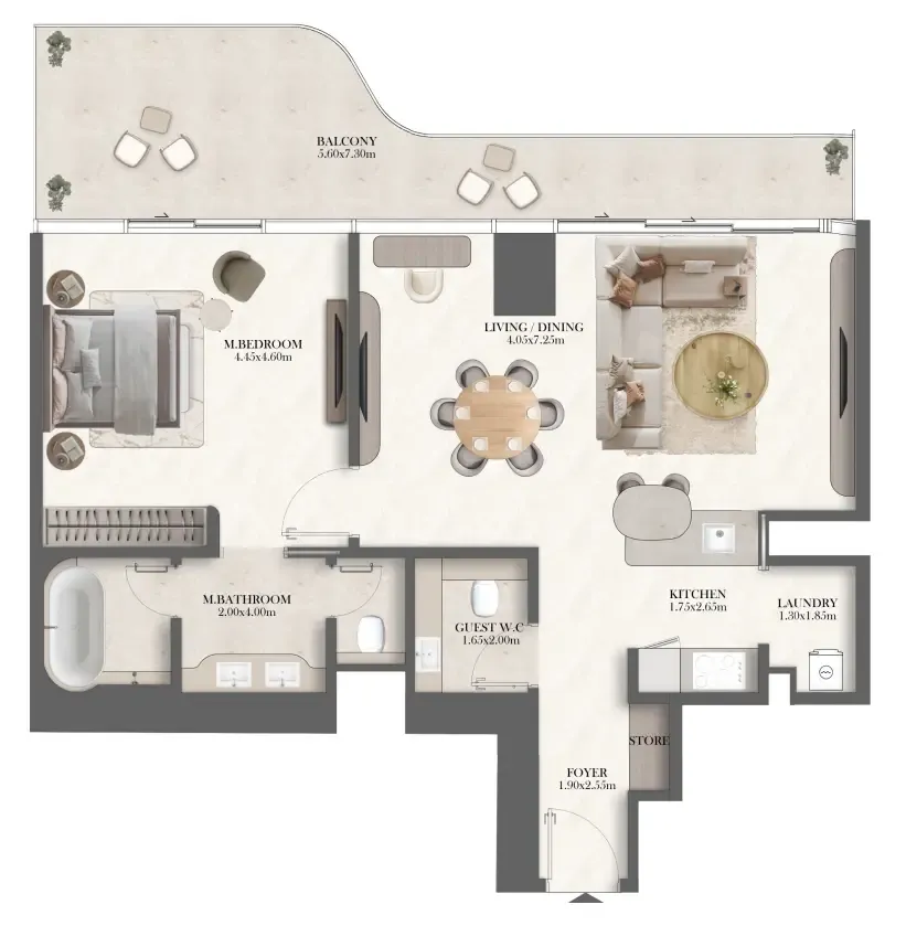 Jumeirah Residences at Al Maryah Island 1 bed floor plan, 1,242 sqft