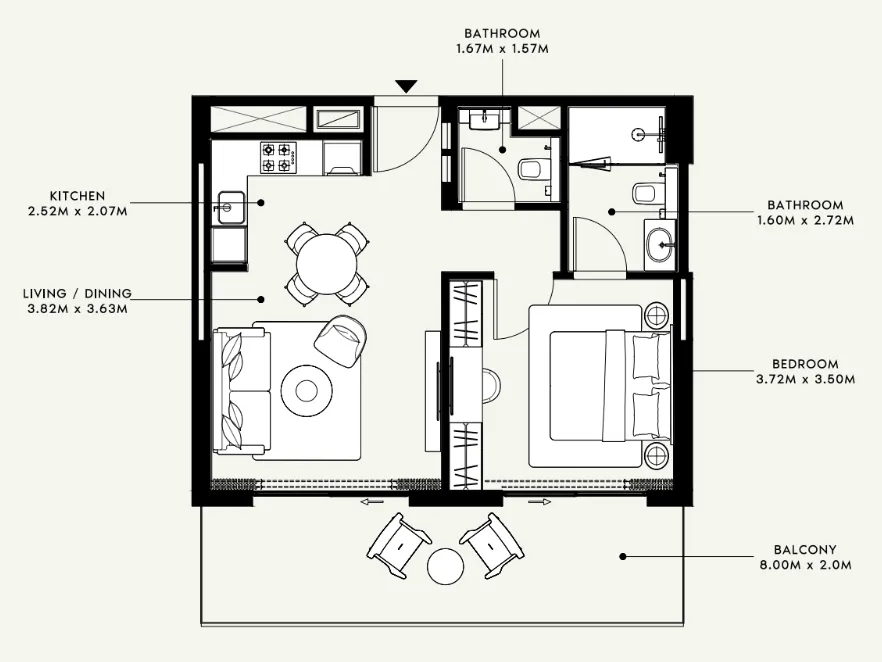 Azizi Venice 1 bed floor plan, 722 sqft