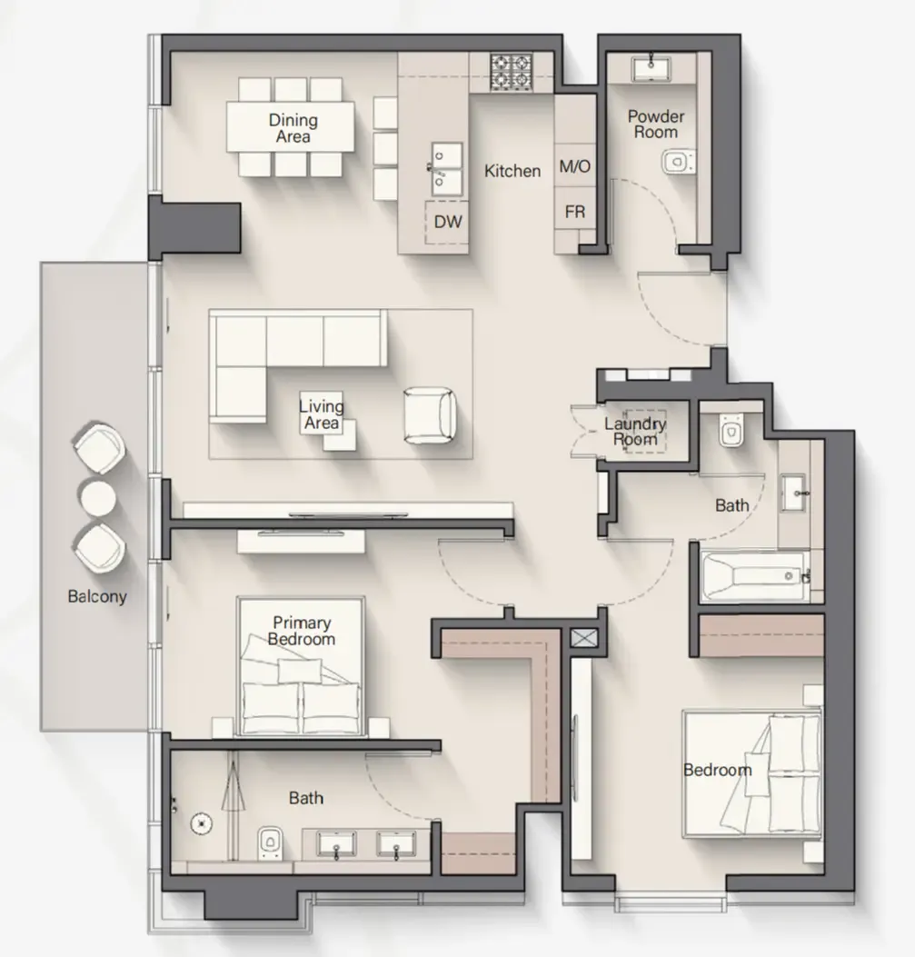 Riverton House 2 bed floor plan, 1,234 sqft