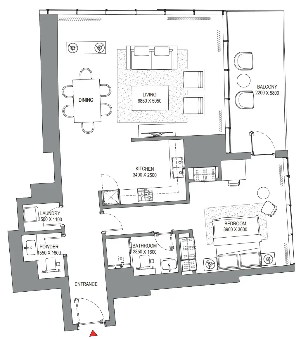 Sobha Seahaven 1 bed floor plan, 1,233 sqft
