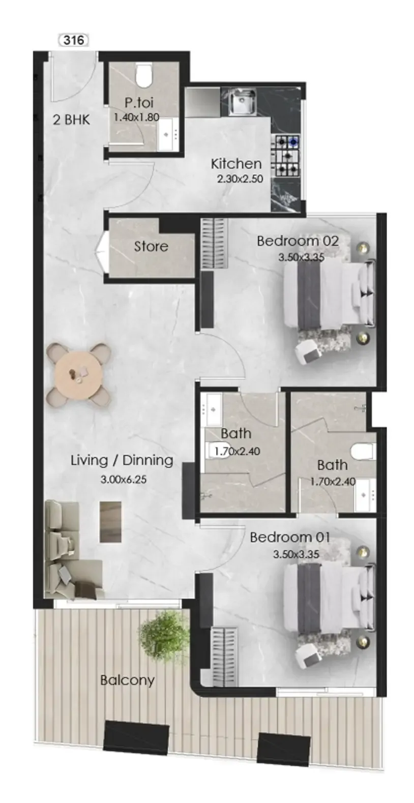 Aristo 2 bed floor plan, 943 sqft