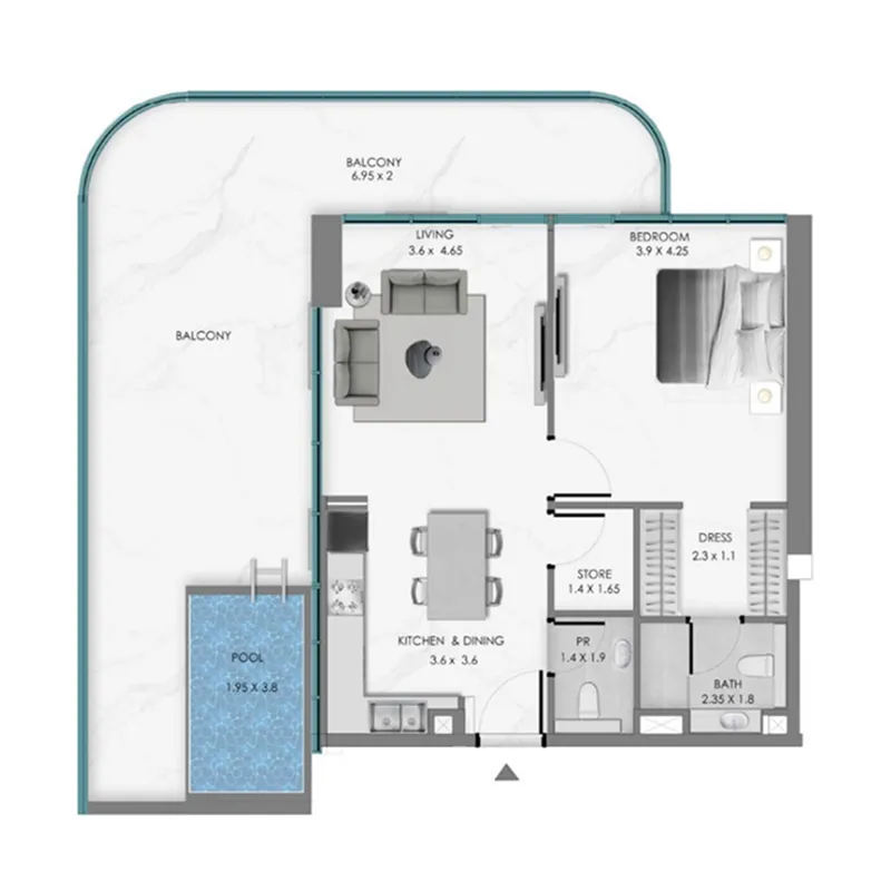 Samana Ocean Bay 1 bed floor plan, 1,286 sqft