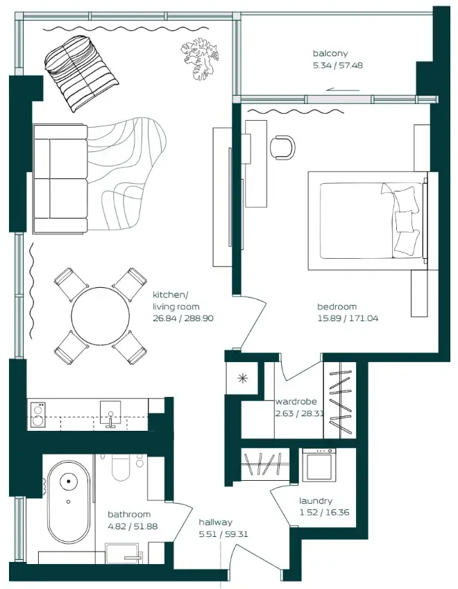 Vibe 1 bed floor plan, 756 sqft