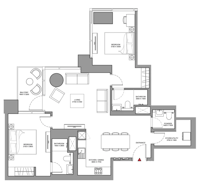 Skyscape 2 bed floor plan, 1,539 – 1,588 sqft