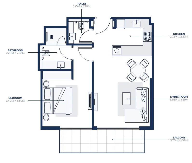 Creek Views 3 1 bed floor plan, 733 sqft