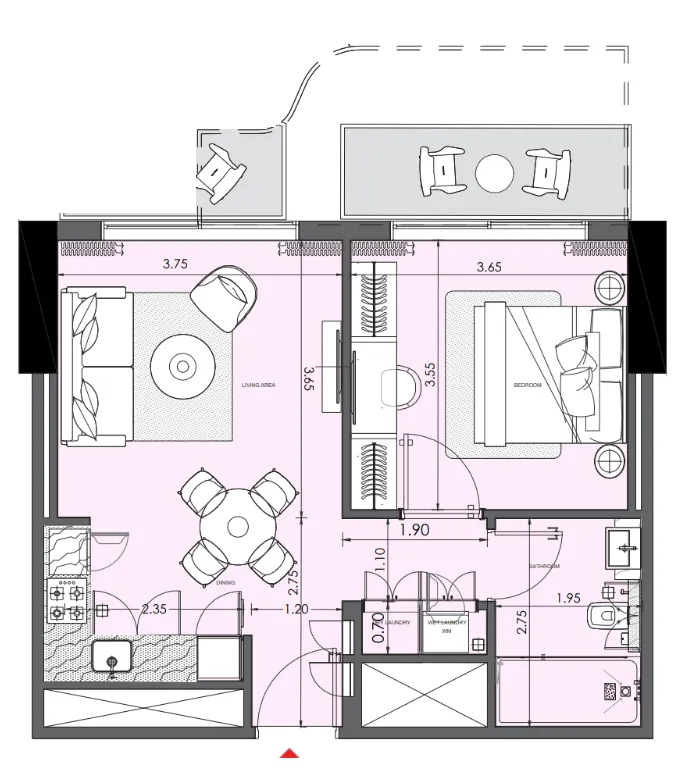 Azizi Wasel 1 bed floor plan, 643 sqft