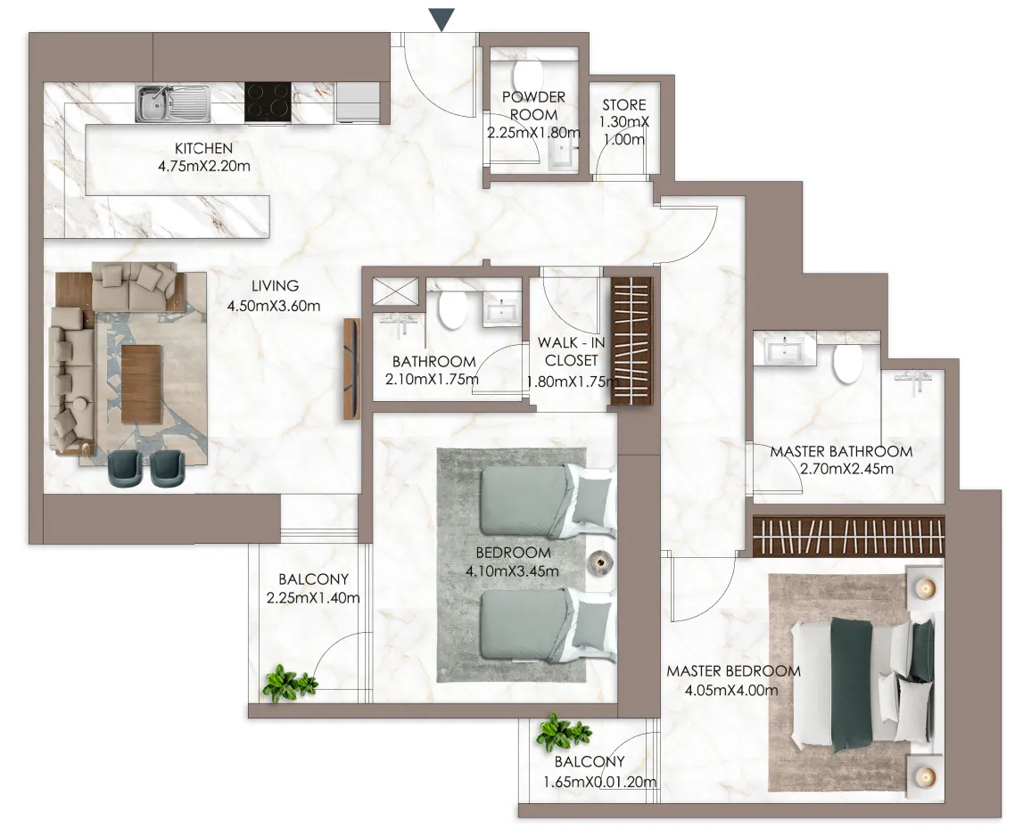 Sky Gardens Tower 2 bed floor plan, 1,526 sqft