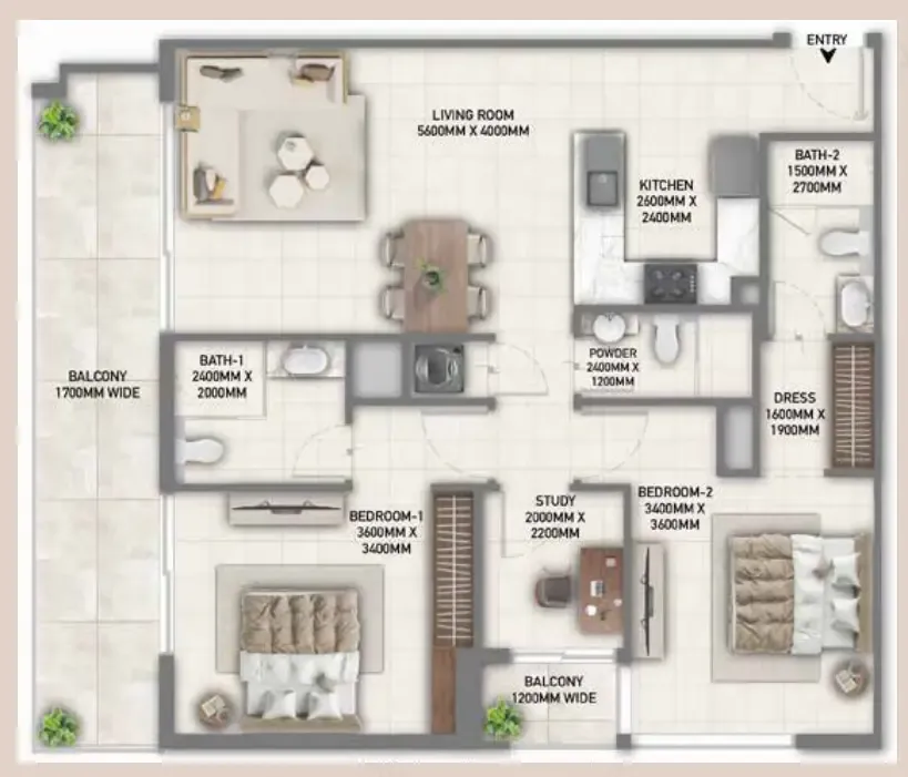 Blossom 40 2 bed floor plan, 1,221 sqft