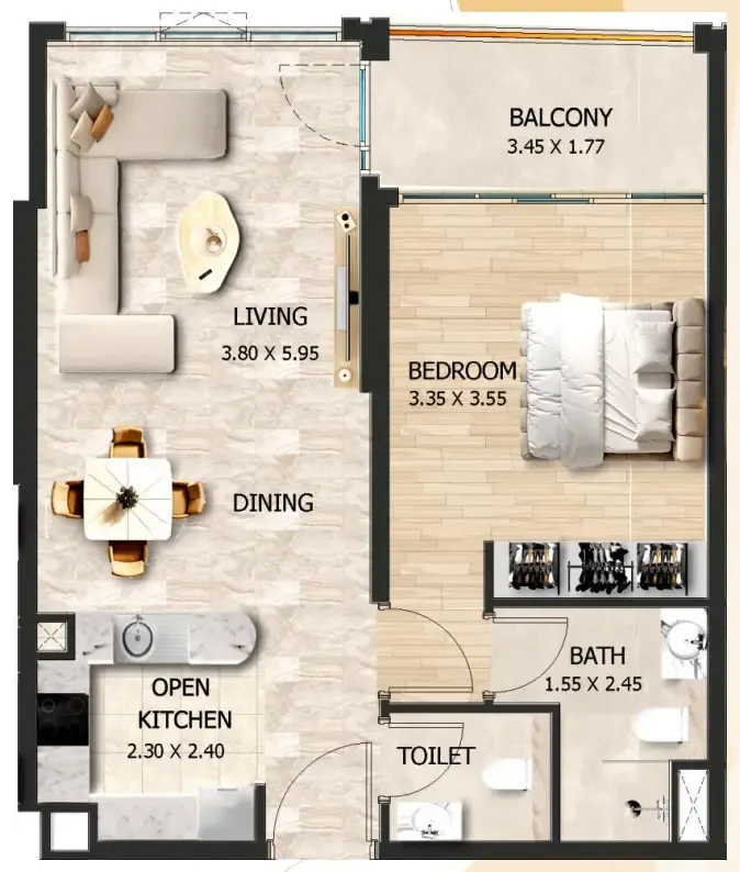 Crystal Tower by VHS 1 bed floor plan, 659 sqft
