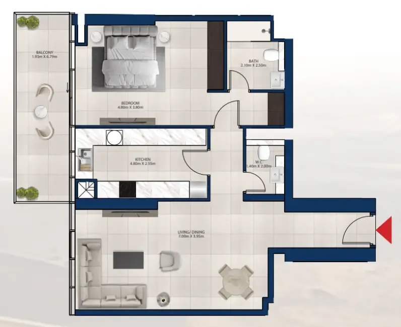 Al Vista 1 bed floor plan, 1,075 sqft