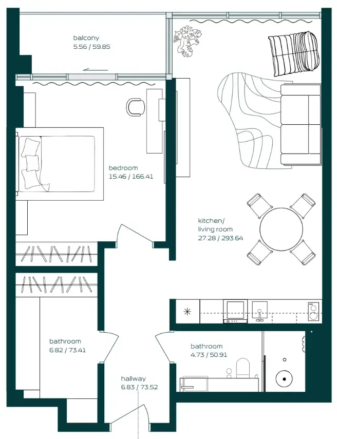 Vibe 1 bed floor plan, 805 sqft
