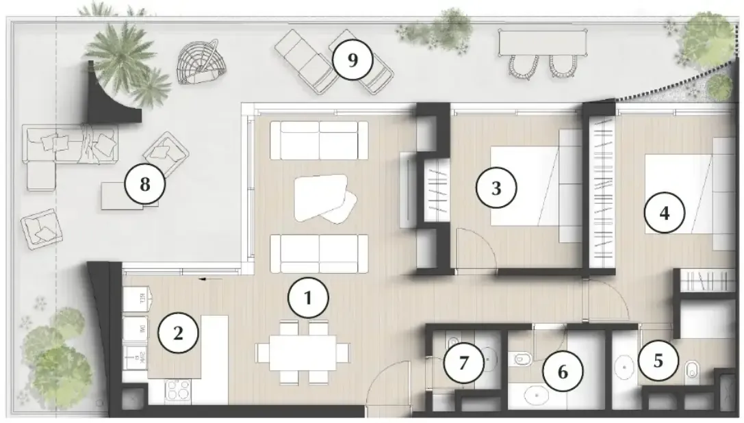 Lunaya Terraces 2 bed floor plan, 1,615 sqft
