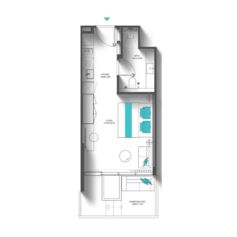Reef 998 Studio floor plan, 412 sqft