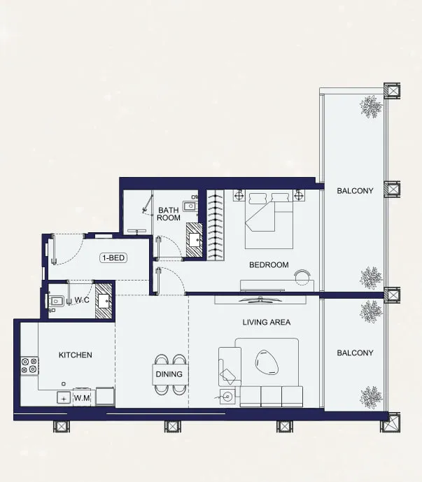 Binghatti Starfall 1 bed floor plan, 1,001 sqft