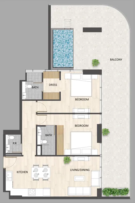 Barari Palace 2 bed floor plan, 1,569 – 1,632 sqft