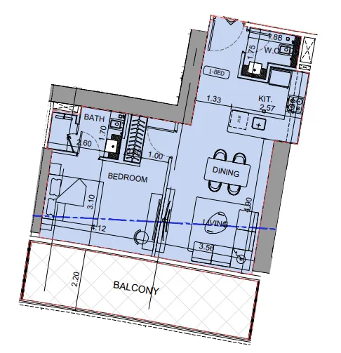Binghatti Aquarise 1 bed floor plan, 835 sqft