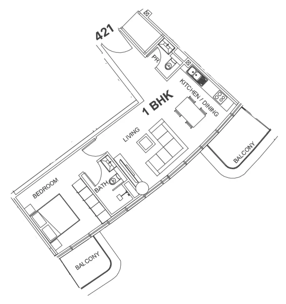 Villa Del Garda 1 bed floor plan, 741 sqft