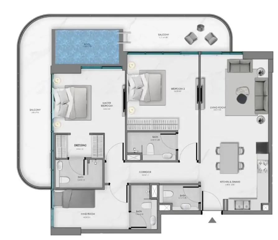 Samana Ocean Bay 2 bed floor plan, 1,467 sqft