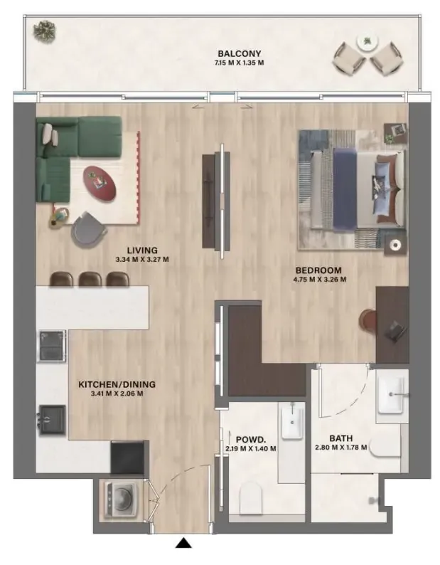 Mövenpick Residences Dubai Motor City Phase 1 1 bed floor plan, 703 sqft