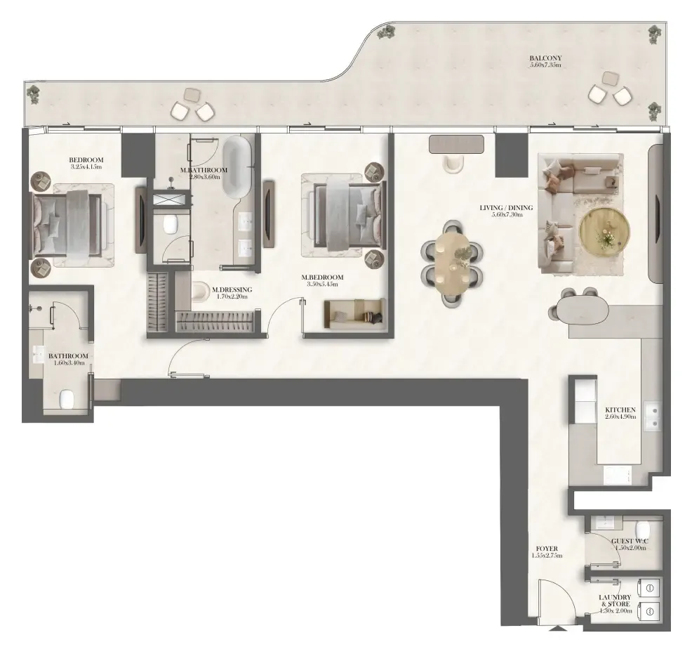Jumeirah Residences at Al Maryah Island 2 bed floor plan, 2,046 sqft