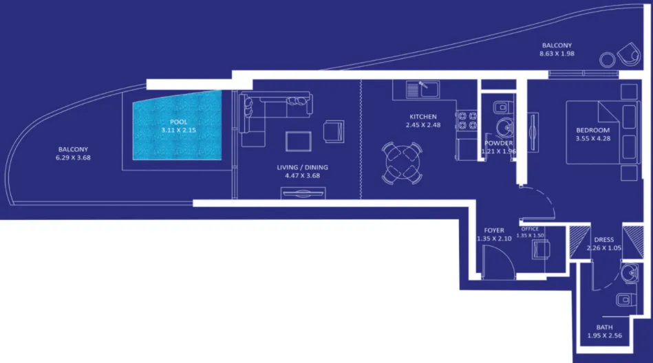 Oceanz 1 bed floor plan, 916 sqft