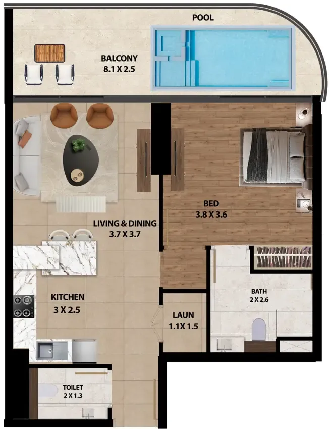 Marquis One 1 bed floor plan, 812 sqft