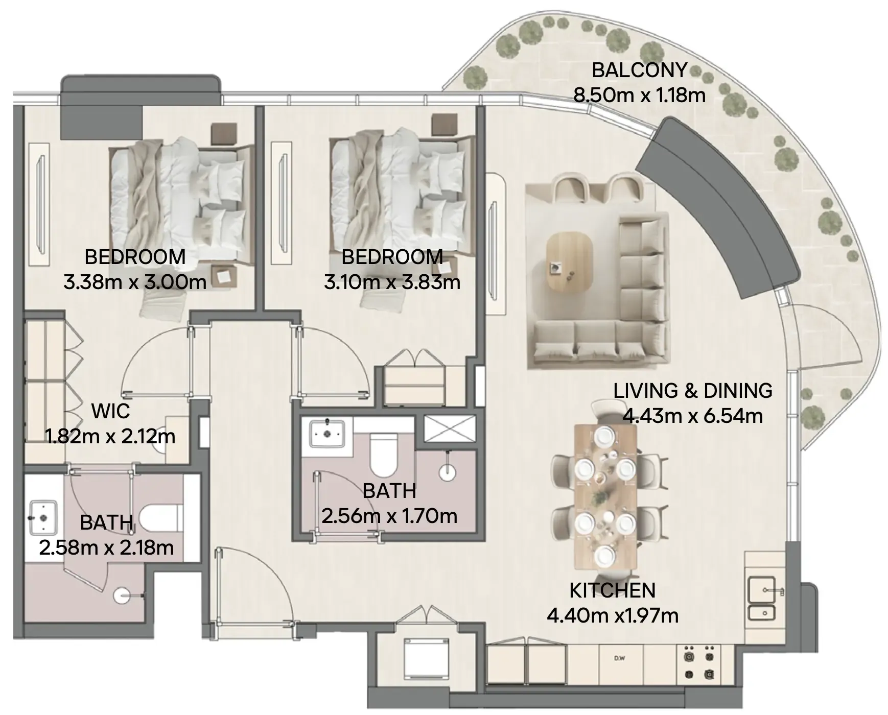 Mirasol Mina 2 bed floor plan, 1,087 sqft