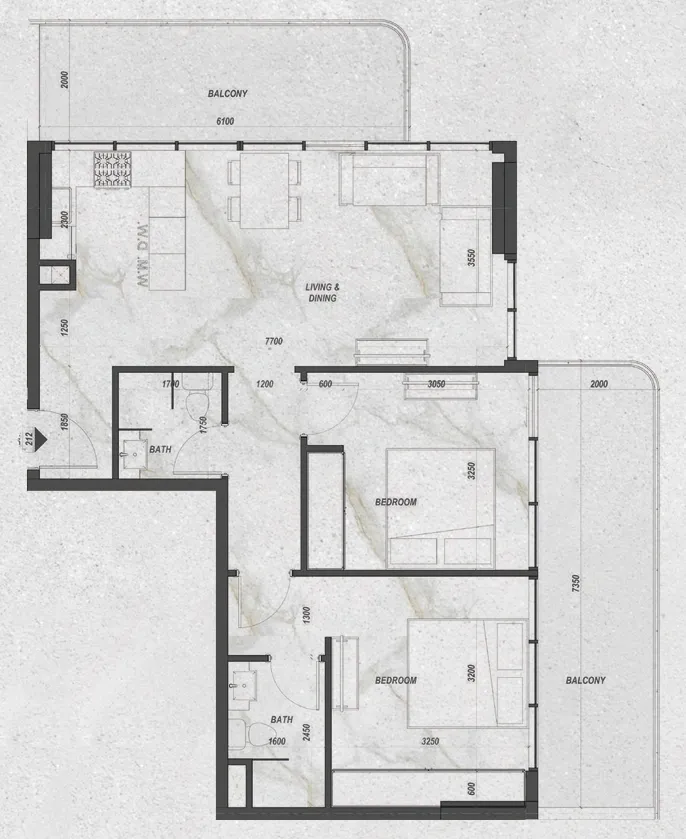 Zyra Hills 2 bed floor plan, 1,072 – 1,517 sqft