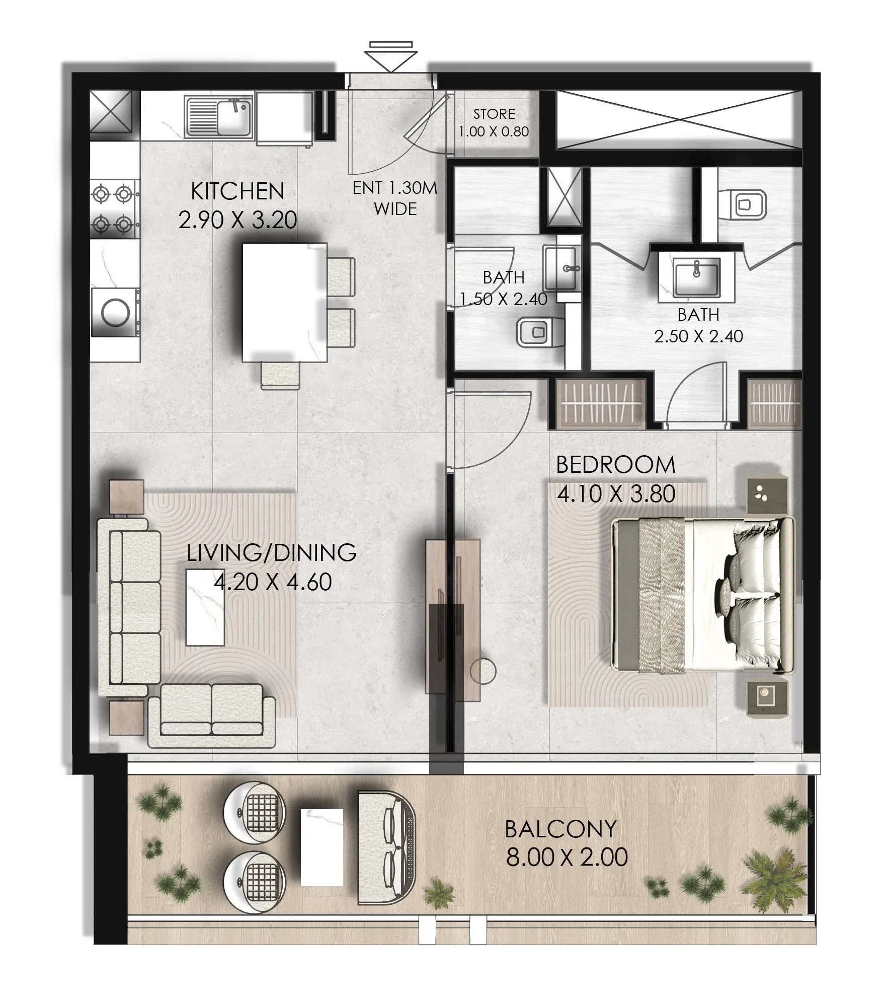 Fairway Residences 1 bed floor plan, 865 sqft
