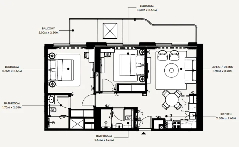 Azizi Wasel 2 bed floor plan, 980 sqft