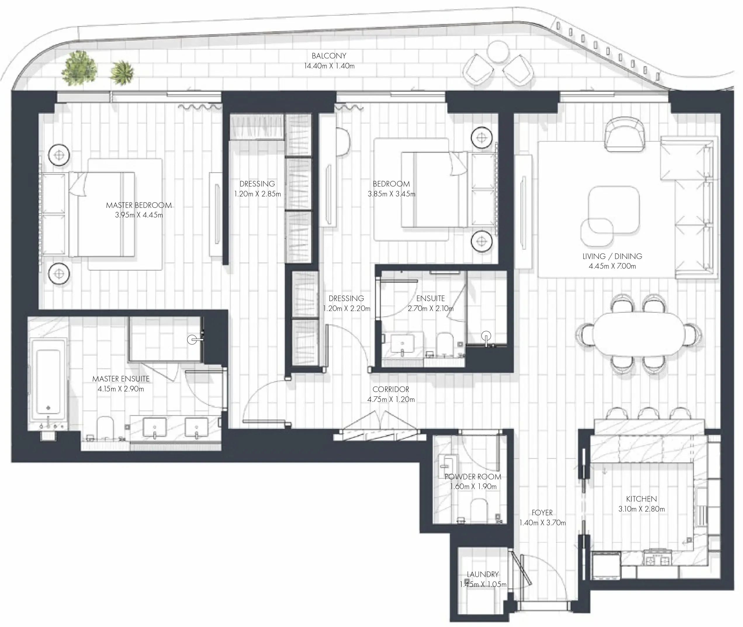 Sunstone 2 bed floor plan, 1,615 sqft