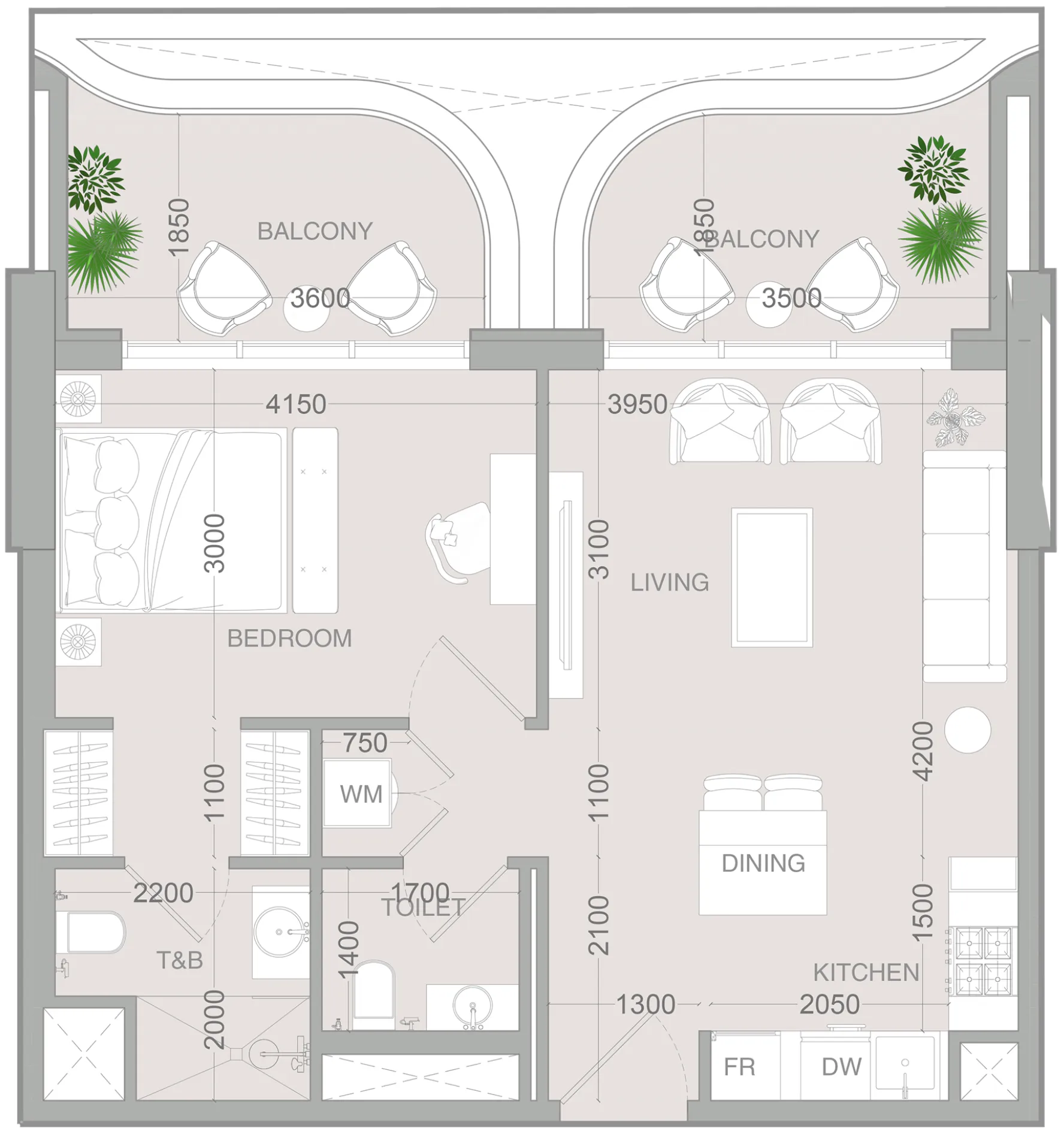ALTA V1EW 1 bed floor plan, 736 sqft