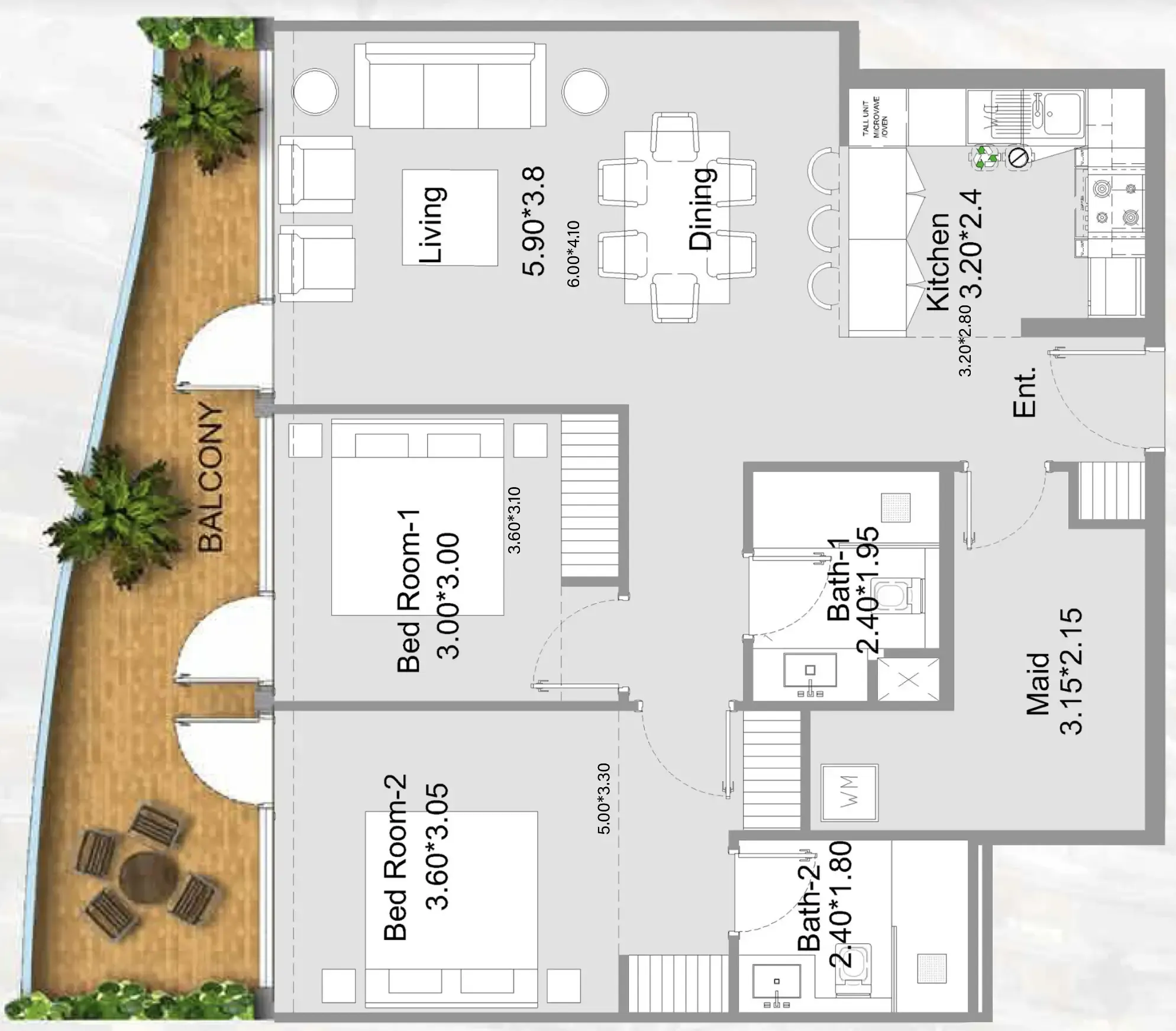 311 Boulevard 2 bed floor plan, 1,212 sqft