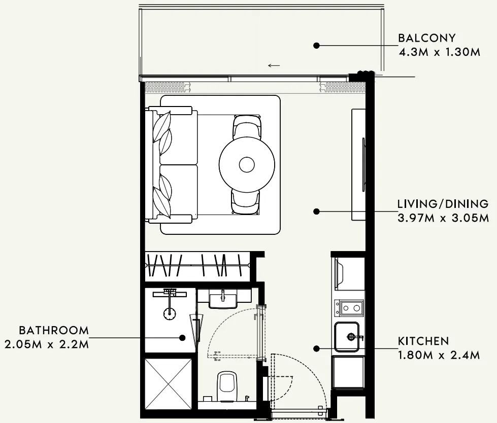 Azizi Milan Studio floor plan, 326 sqft