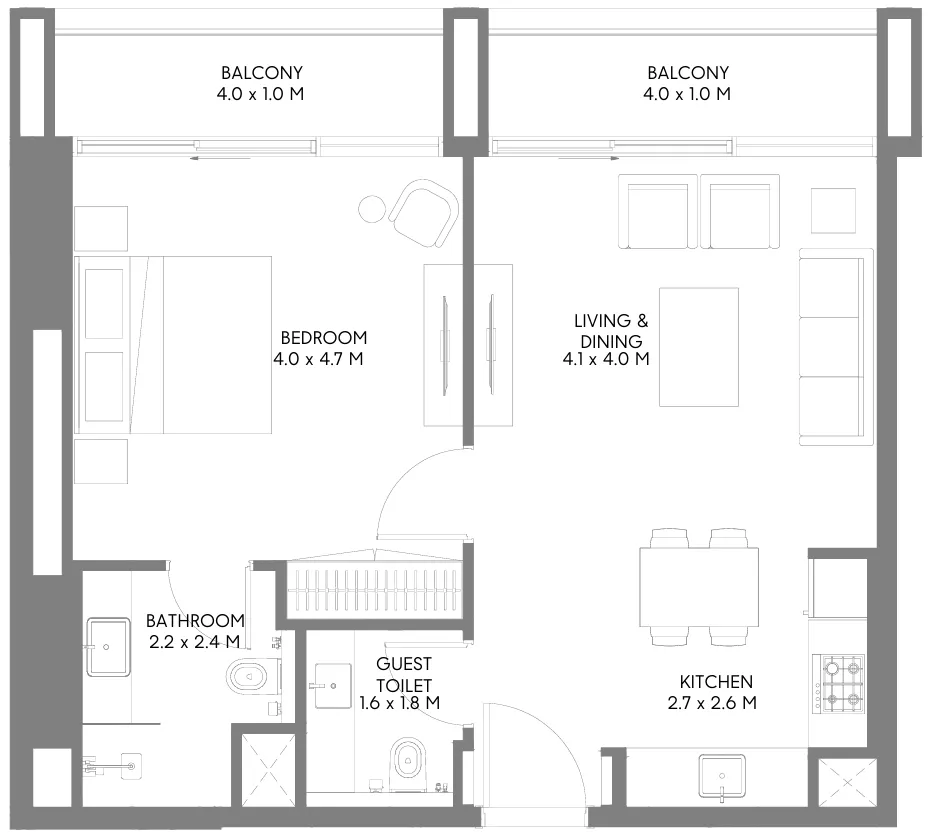 Jenna 1 1 bed floor plan, 768 sqft