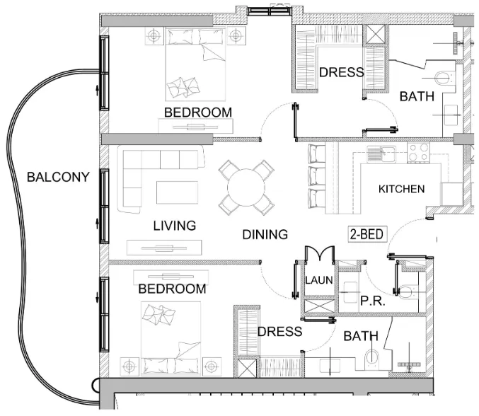 Valencia 2 bed floor plan, 1,173 sqft