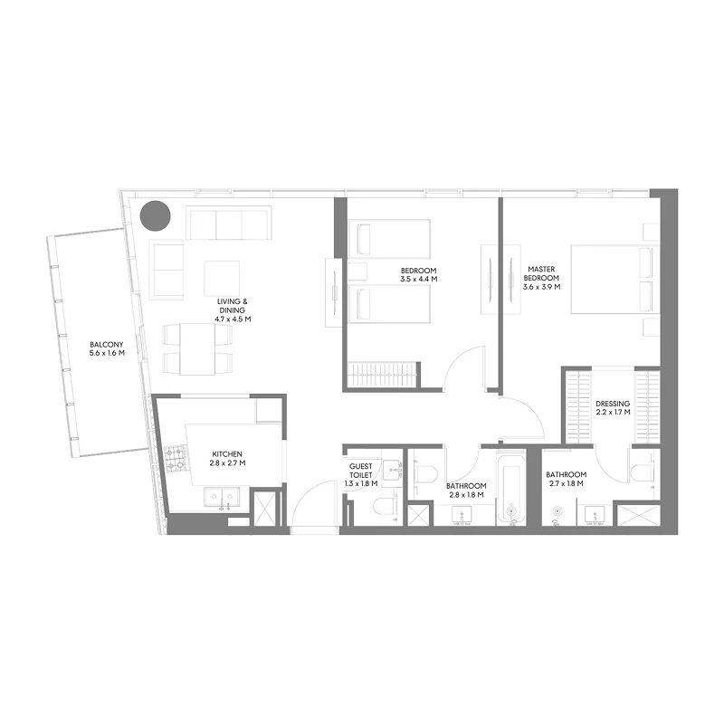 The Gate 5 2 bed floor plan, 1,127 sqft
