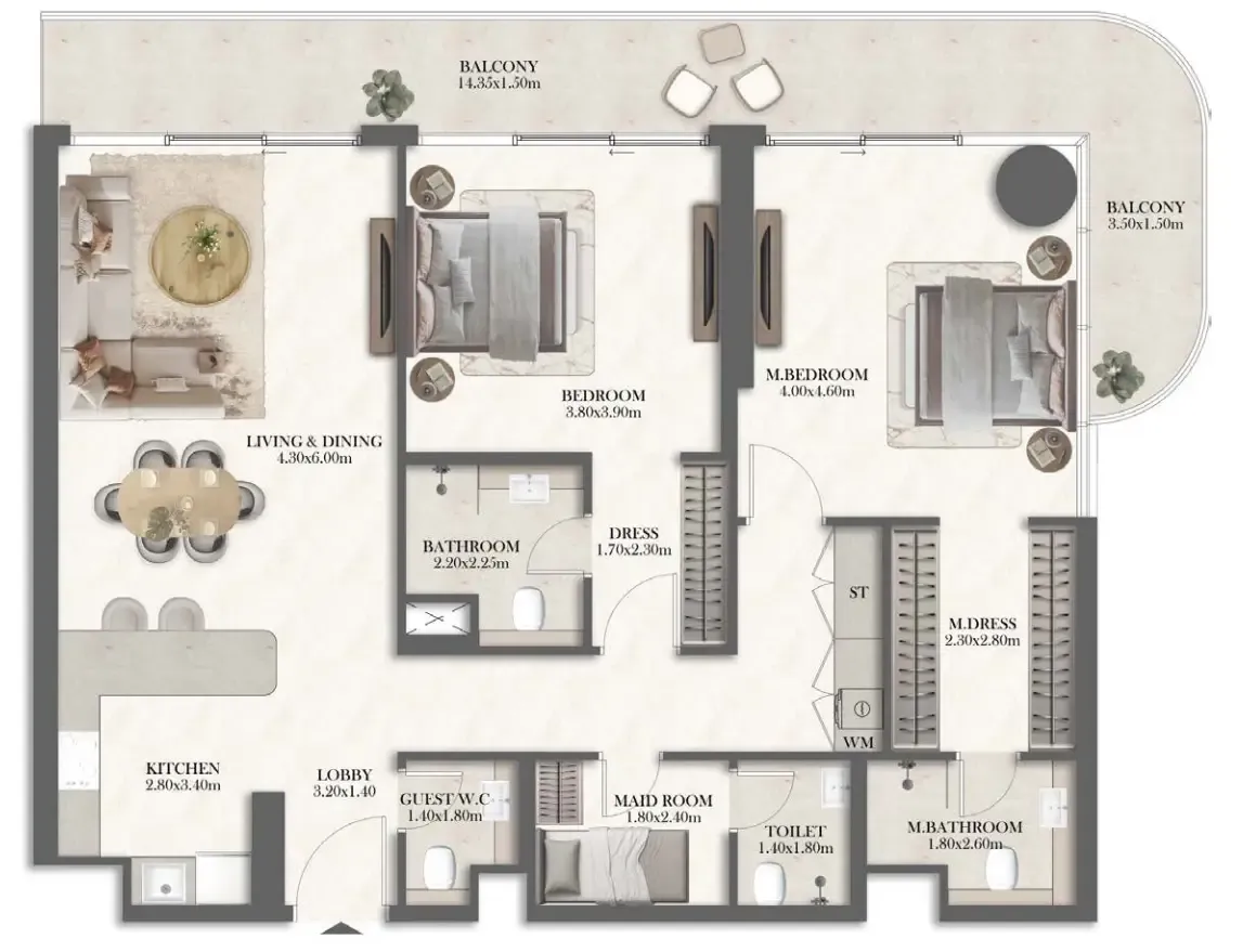 Rotana Residences North Tower 2 bed floor plan, 1,536 sqft