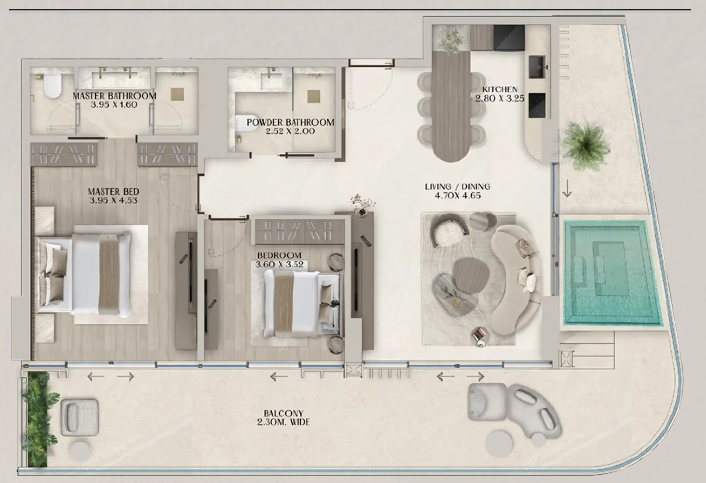 Soléva Beach Residences 2 bed floor plan, 1,580 sqft
