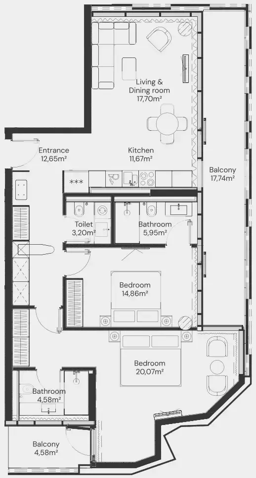 John Richmond District 1 bed floor plan, 1,106 sqft